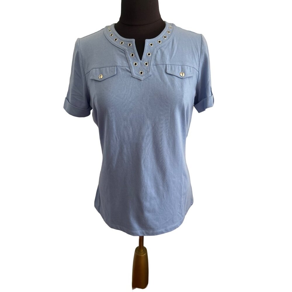 Coral Bay Blue V Neck Short Sleeve Top With Circular Metal Accents, Size Medium